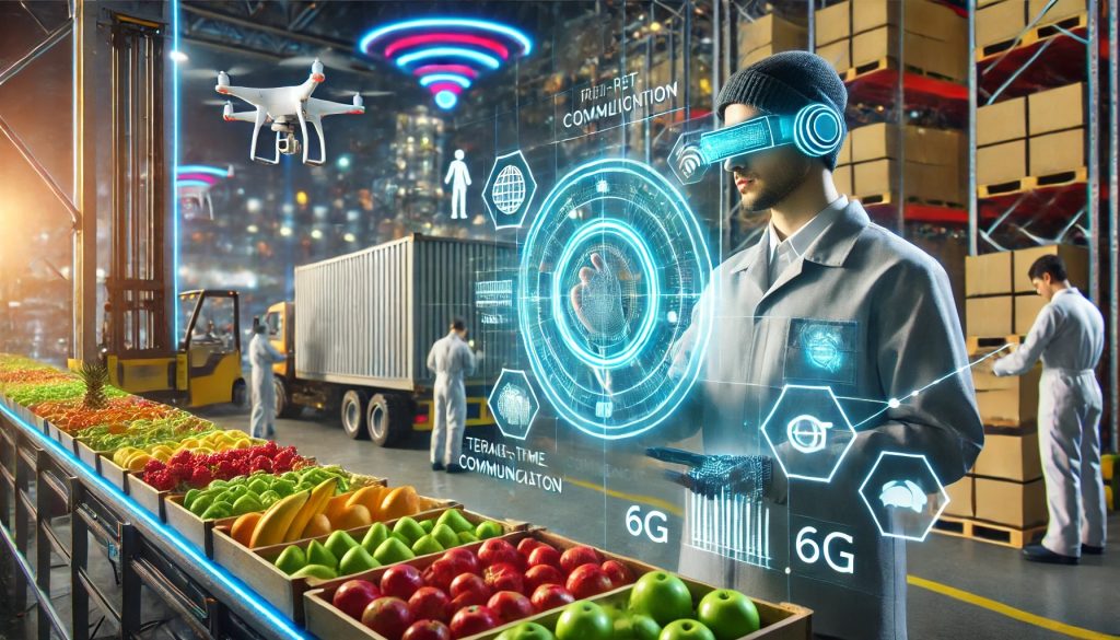 Técnico en primer plano dentro de una fábrica futurista de empaquetado de frutas tropicales, utilizando una interfaz holográfica de IoT para monitorear datos en tiempo real. Detrás, trabajadores manejan bandas transportadoras automatizadas con frutas, mientras grúas IoT y contenedores refrigerados facilitan la logística para el transporte aéreo
