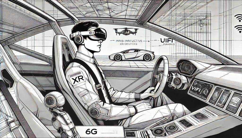 Un joven sentado dentro de un auto de carreras futurista, mostrado en primer plano. Lleva un visor XR detallado en el rostro. A su lado, un robot humanoide. El entorno del vehículo sugiere una ciudad inteligente, con etiquetas visibles: XR, 6G, LiFi, V2X, UAV.