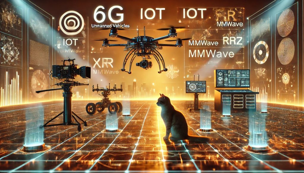 Un gato observa drones y vehículos autónomos y teledirigidos en un entorno futurista de filmación avanzada, con hologramas y señales de datos en tiempo real.