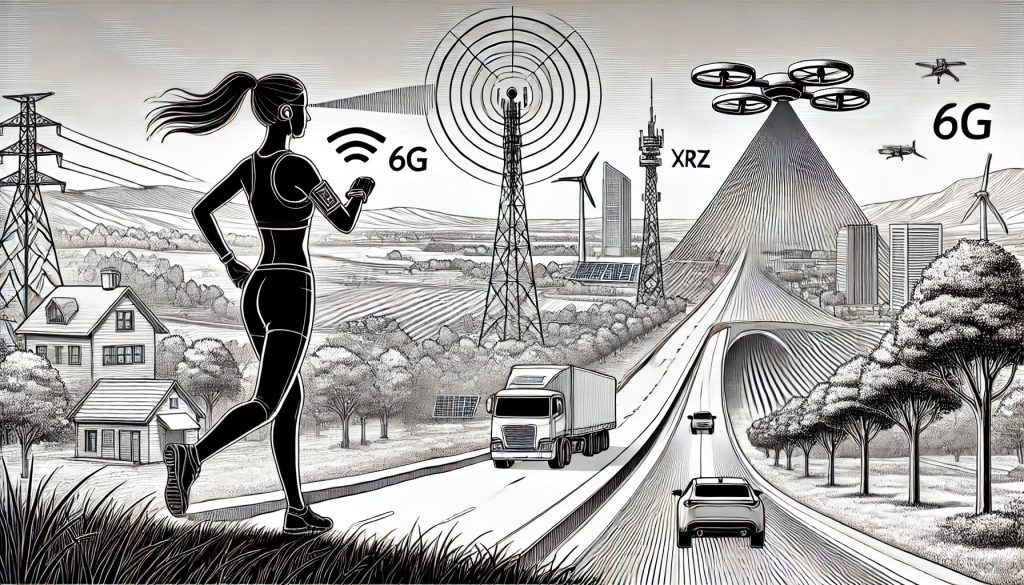 Imagen panorámica donde una mujer corre en un parque natural, llevando una pulsera tecnológica con líneas que indican conexión 6G. Al fondo, en un amplio entorno urbano, dos vehículos con antenas se comunican con un dron UAV y superficies RIS en edificios. Un túnel muestra antenas visibles y una torre cercana transmite señales. Las tecnologías “6G”, “UAV”, “V2X”, “IoT” y “XR” están integradas en elementos clave del ambiente.