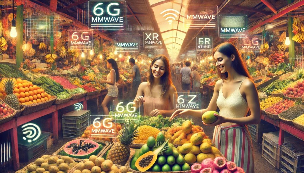 Dos mujeres jóvenes seleccionan frutas frescas en un mercado tropical latinoamericano, rodeadas de colores vibrantes y elementos tecnológicos sutiles que reflejan innovaciones en comunicación.