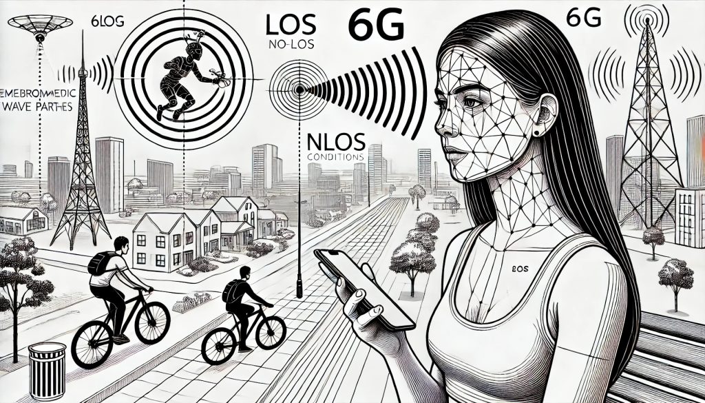 Dibujo lineal en blanco y negro de una plaza urbana con jardines. Una mujer sostiene un celular 6G del que emerge claramente un haz holográfico que forma la figura de su amiga frente a ella. Se observan también un ciclista, un dron UAV y señales “LOS” y “NLOS”.