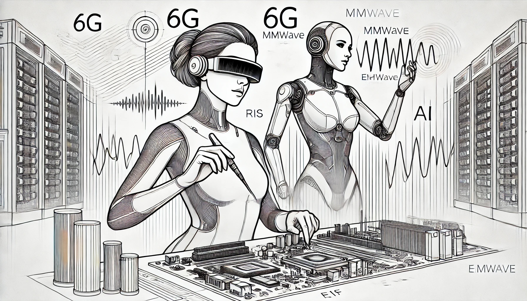 Una ingeniera con casco de visor inmersivo trabaja junto a un robot femenino en un entorno de laboratorio. Ambas manipulan un sensor técnico, mientras ondas electromagnéticas convergen sobre los equipos y el visor de la ingeniera.