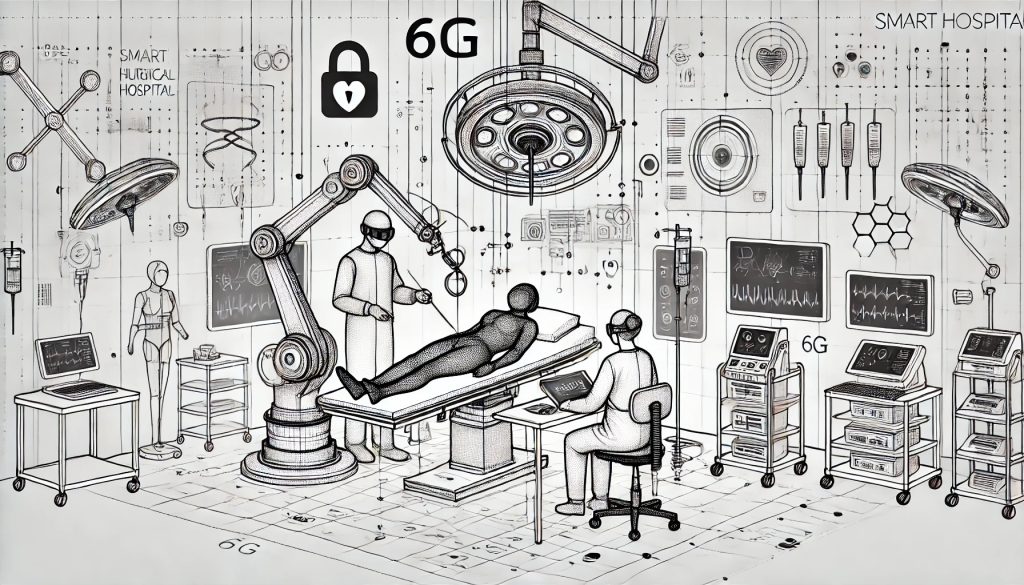 Interior de un hospital inteligente dibujado con líneas negras sobre fondo blanco. Robots quirúrgicos operan mientras médicos con visores de realidad aumentada supervisan pantallas flotantes. Líneas finas marcadas con "6G" conectan los dispositivos. Íconos de candado aparecen junto a elementos tecnológicos, simbolizando la privacidad de datos.