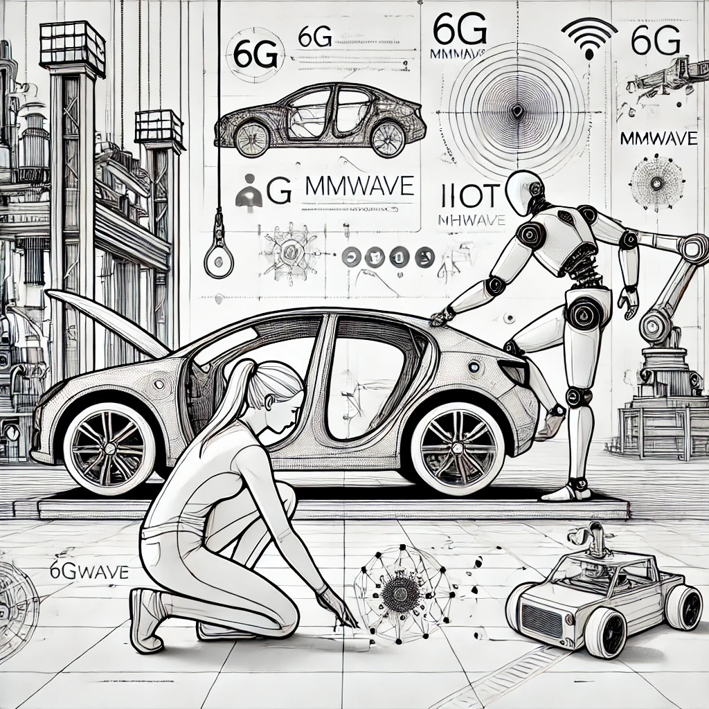 Ilustración lineal en blanco y negro de una fábrica automatizada de autos. En primer plano, una técnica joven, en posición de rodilla, asegura una pieza de vehículo mientras un robot humanoide estabiliza la estructura, simbolizando colaboración activa. El fondo muestra prensas industriales esquemáticas y alrededor flotan hologramas técnicos, líneas curvas y flechas suaves que representan redes como 6G, IoT y mmWave. Drones, nodos de red y vehículos autónomos aparecen como siluetas esquemáticas conectadas.