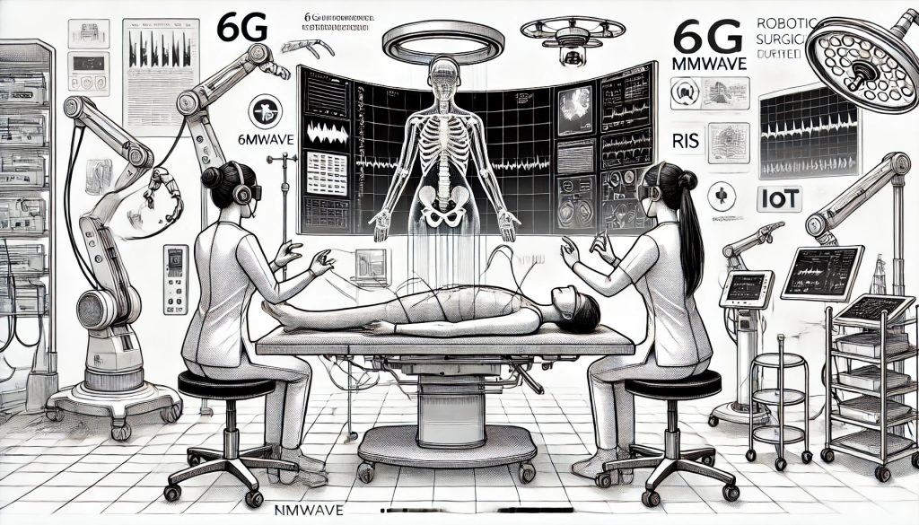 Ilustración técnica muestra una intervención quirúrgica remota. Dos especialistas médicas aparecen, una observa una proyección holográfica con datos quirúrgicos y la otra controla con gestos una cirugía a distancia. En segundo plano, un brazo robótico opera a un paciente, mientras un robot gestiona herramientas médicas. Elementos tecnológicos están etiquetados con "6G", "AI", "mmWave", "RIS" y "IoT".