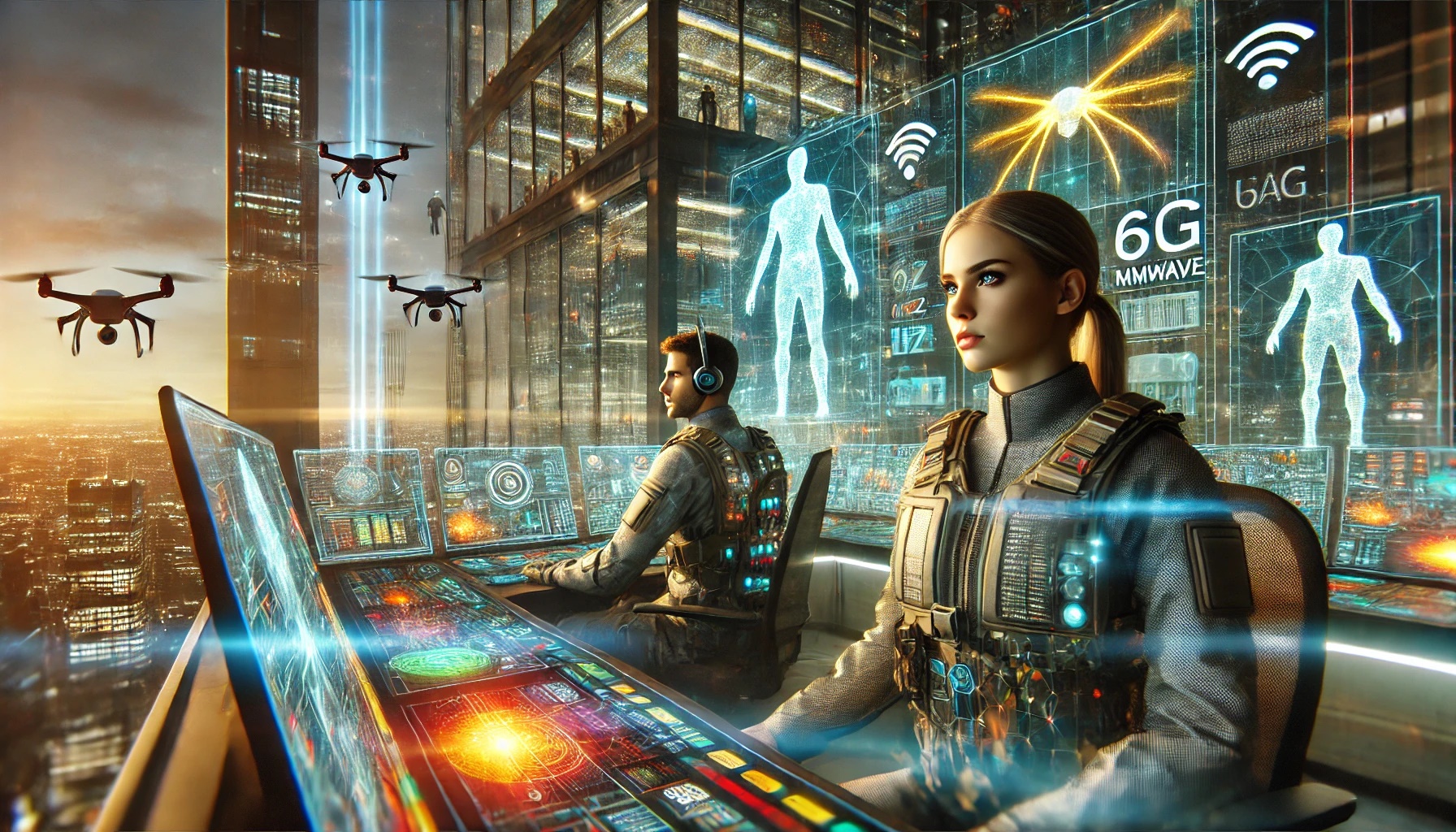 Centro de operaciones futurista con un entorno dinámico, donde dos operadores, monitorean un sistema de Digital Twins (DT) mediante hologramas, destacando enlaces 6G y Quantum AI.