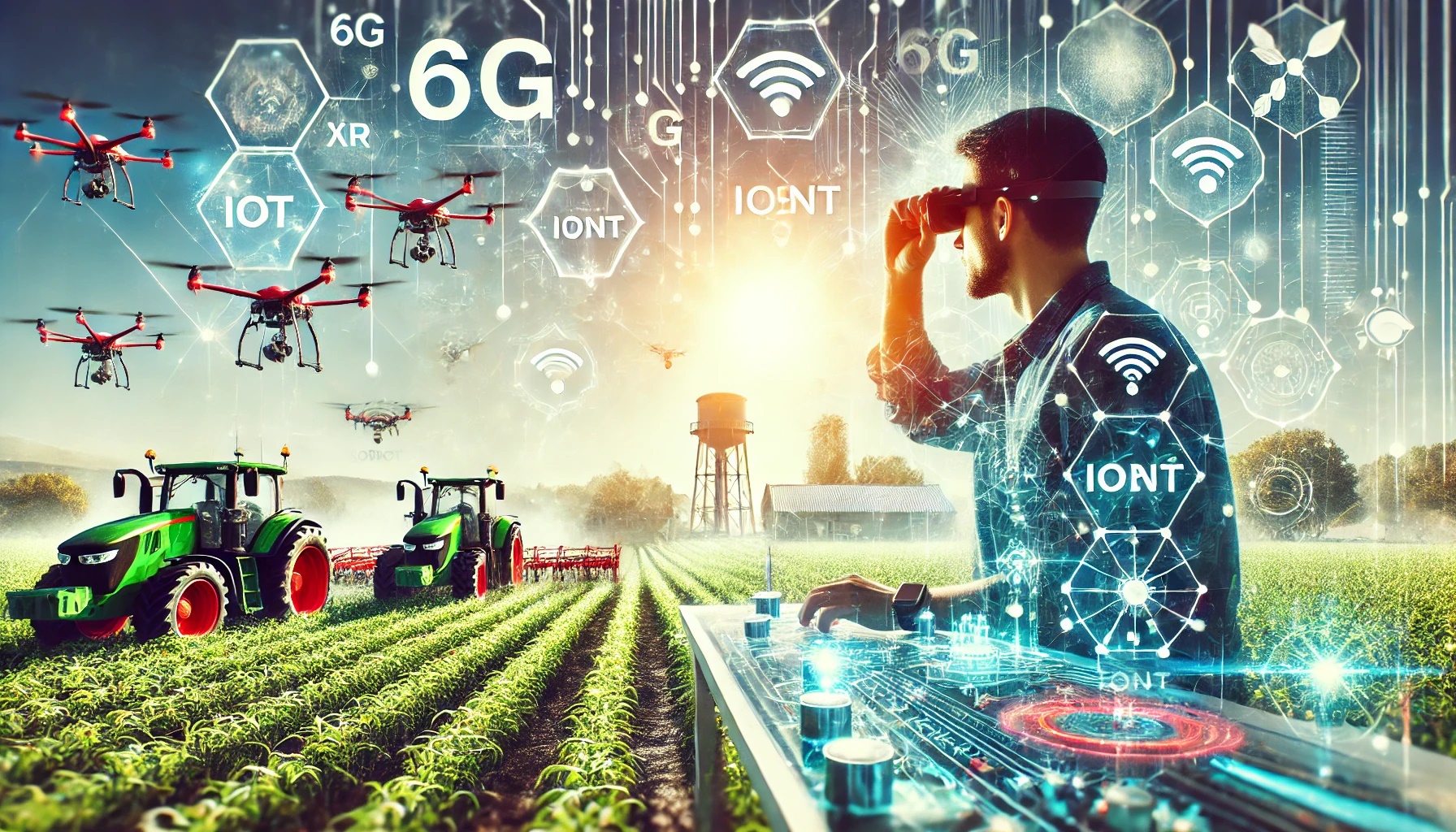 Técnico agrícola operando interfaces holográficas y equipos avanzados bajo un cielo ocupado por drones monitoreando cultivos y tractores funcionando con sensores IoT.