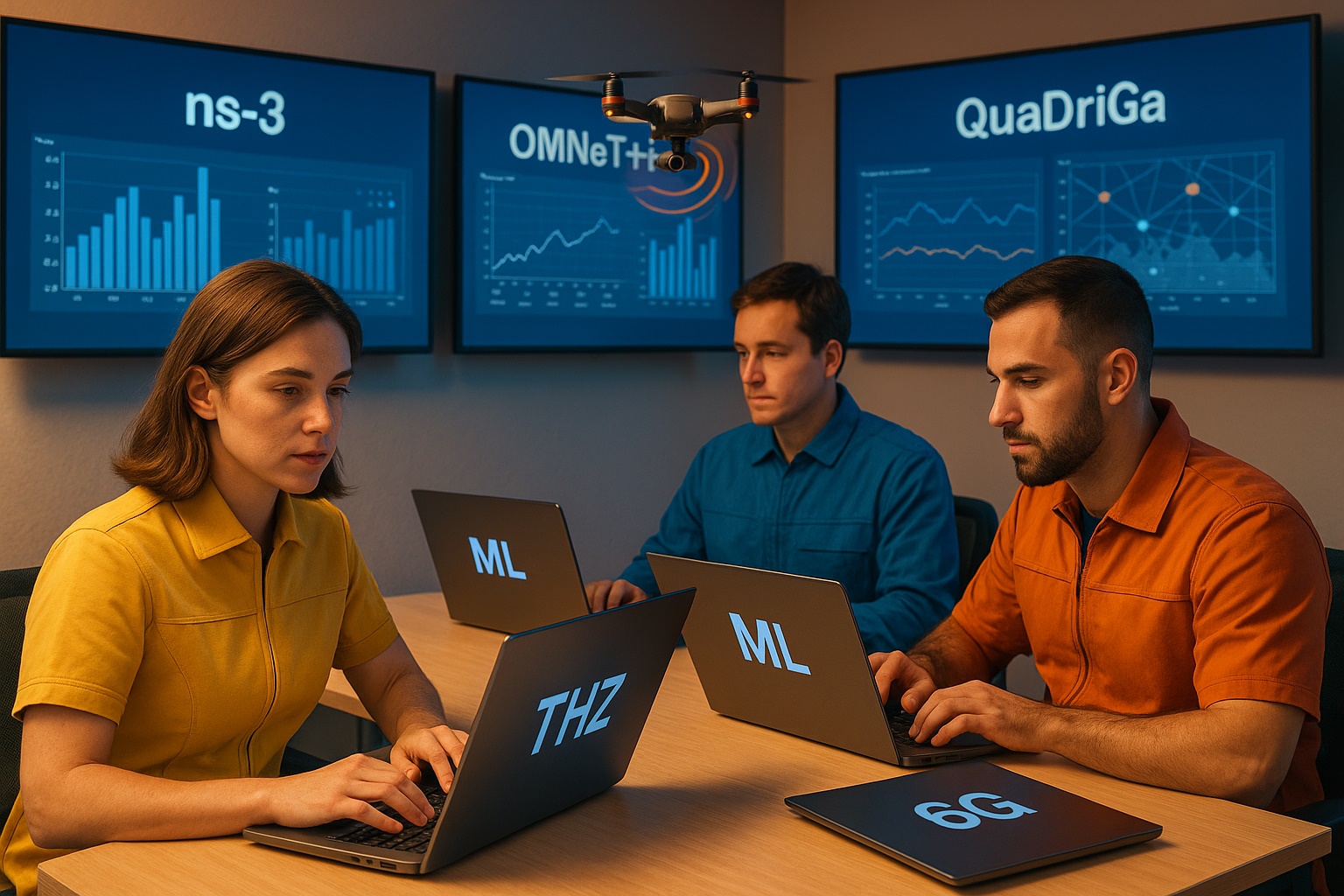 nvestigadores en un laboratorio futurista de telecomunicaciones trabajan con laptops y monitores que muestran simuladores 6G, acompañados de un dron conectado a la red.