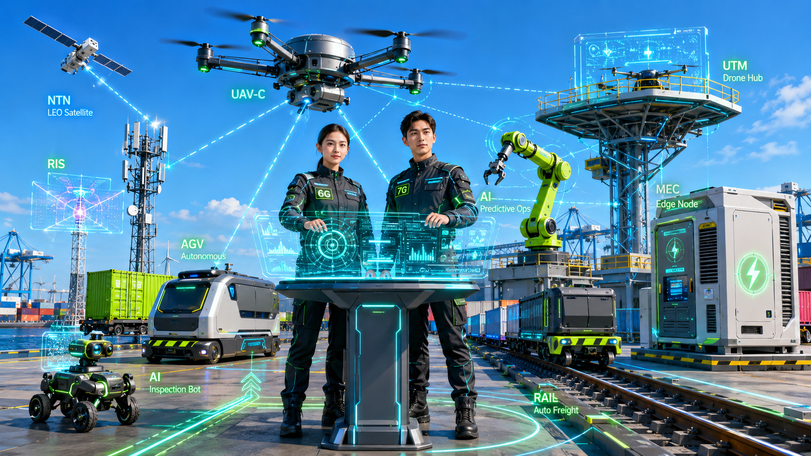 Sistema de control logístico industrial con consola holográfica, enlaces 6G/7G, dron UAV-C, satélite NTN, nodo MEC, robot de inspección, AGV, plataforma UTM, brazo robótico y red ferroviaria automatizada.