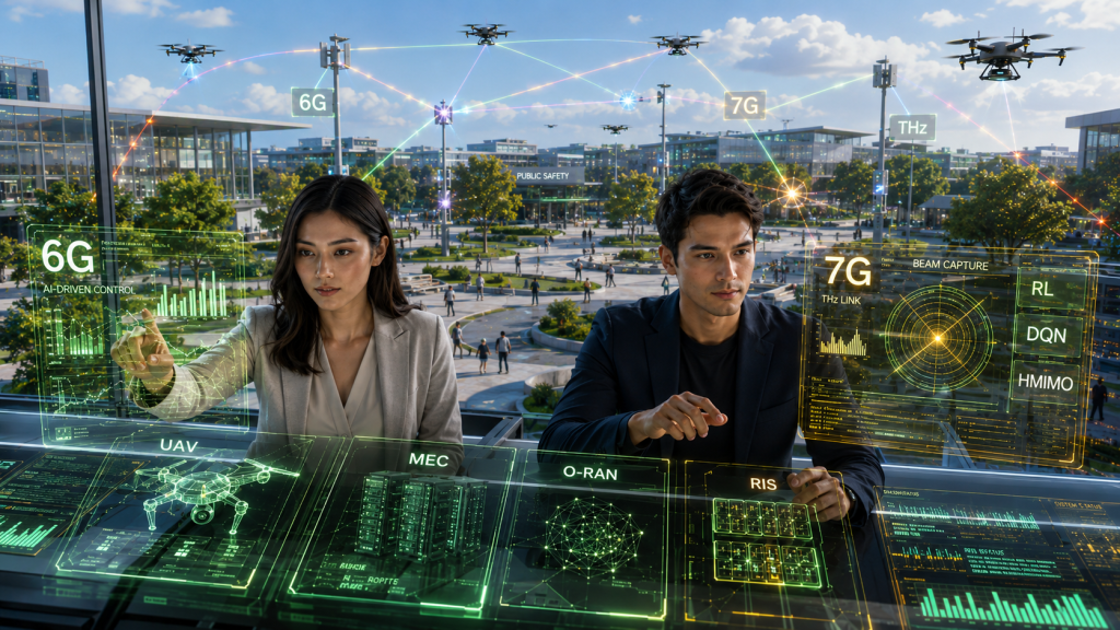 Dos operadores jóvenes supervisan una plaza inteligente desde un centro de control con interfaces holográficas 6G y 7G, drones, sensores urbanos y enlaces luminosos.